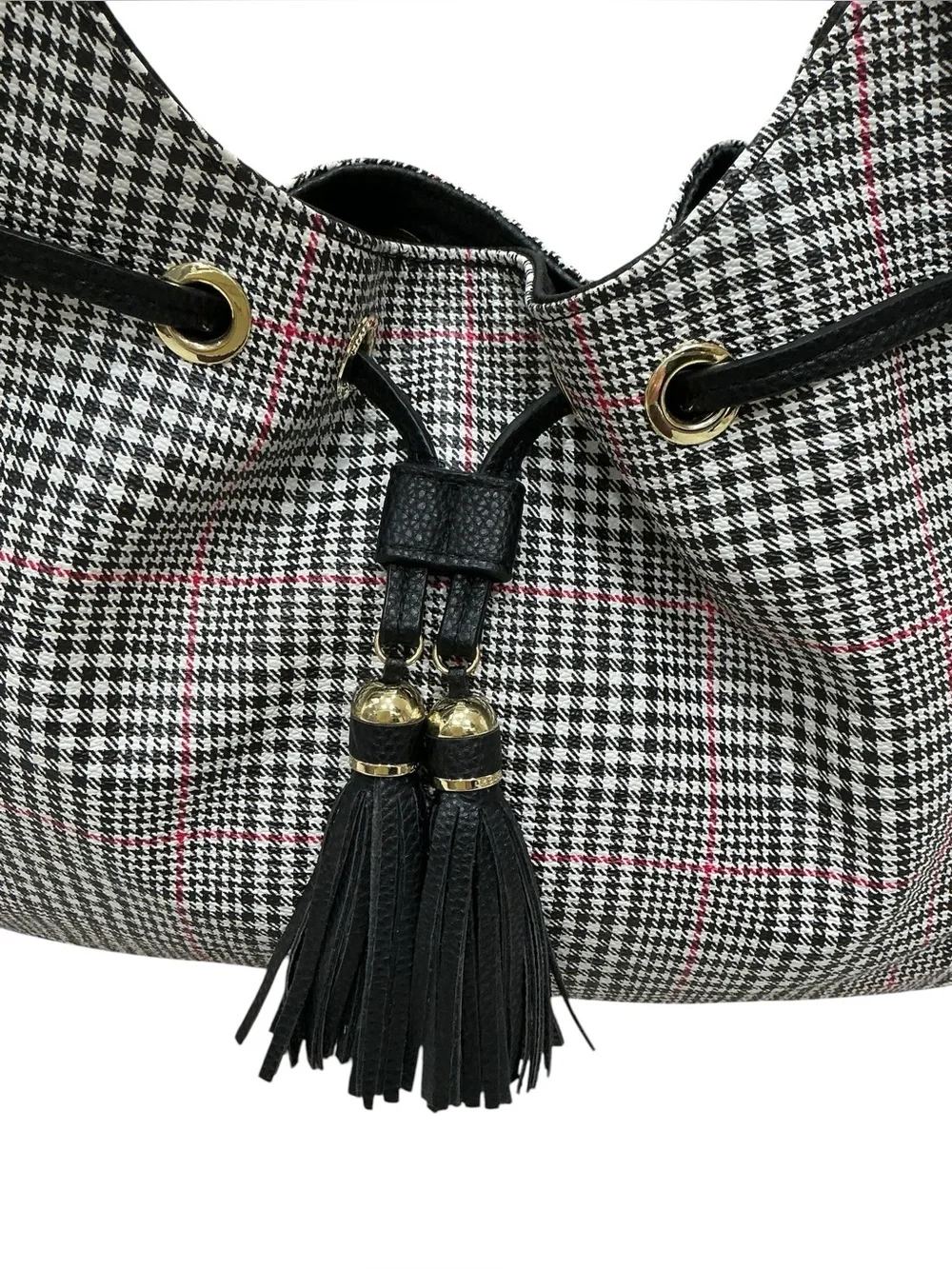 Liz Claiborne Houndstooth Shoulder Bag Tassel 3 Compartment Preppy Heritage Chic